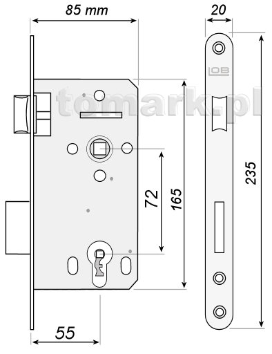 Zamek wpuszczany 72/55 inox wymiary LOB